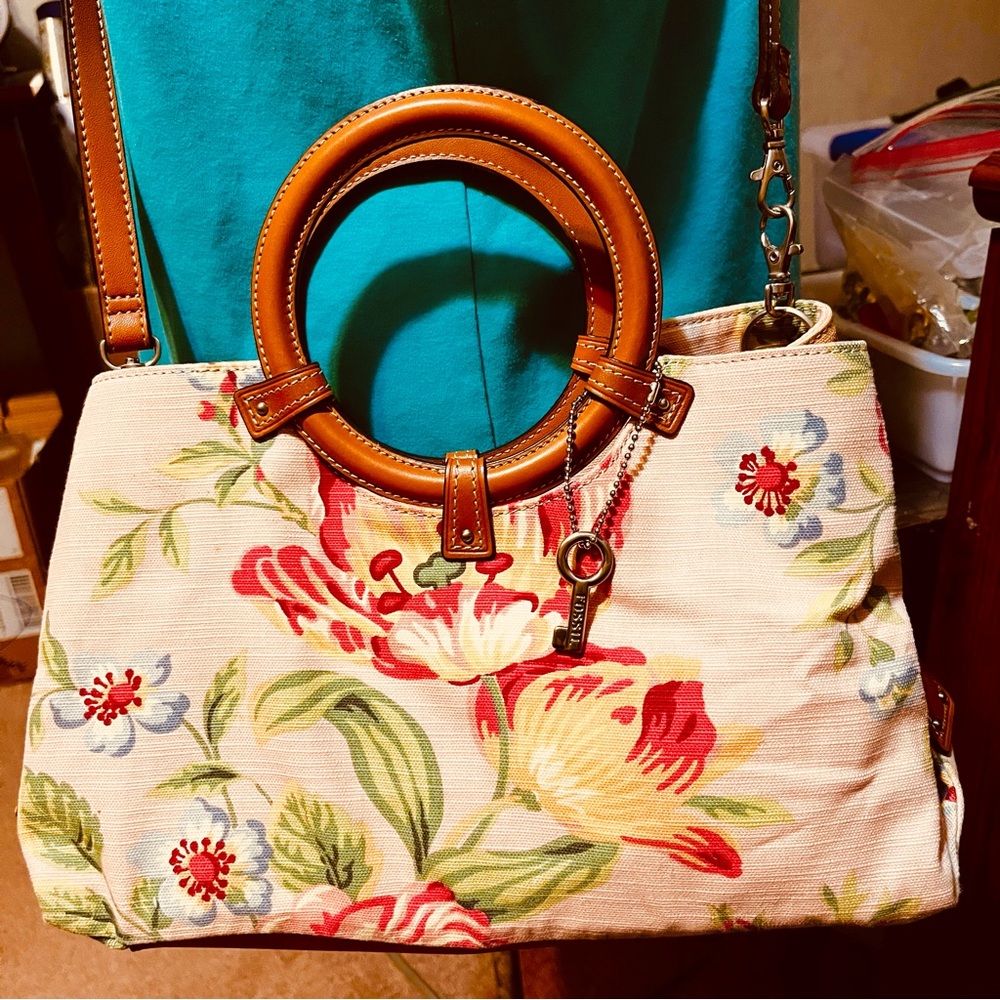 Fossil Floral Shoulder Bag with Brown Accents